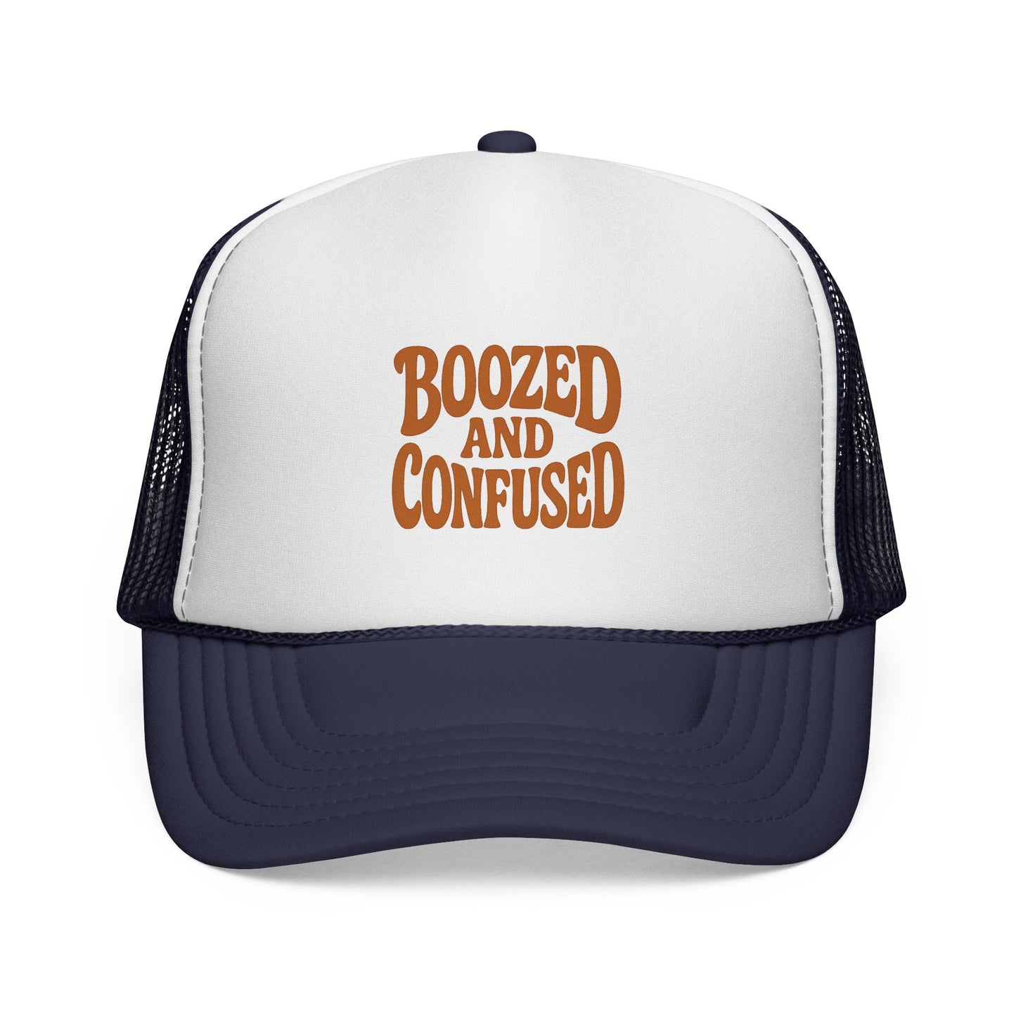 Trucker hat with 'Boozed and Confused' text on a white background