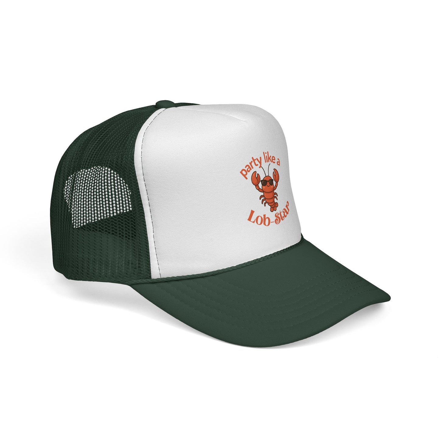Green and white cap with a lobster graphic and text on a white background