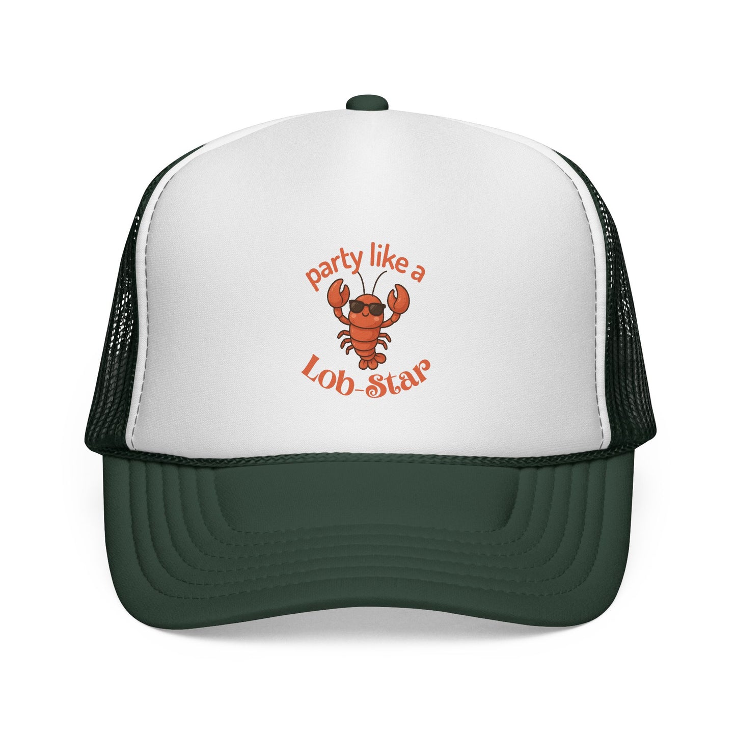 Trucker hat with a lobster graphic and text on a white background