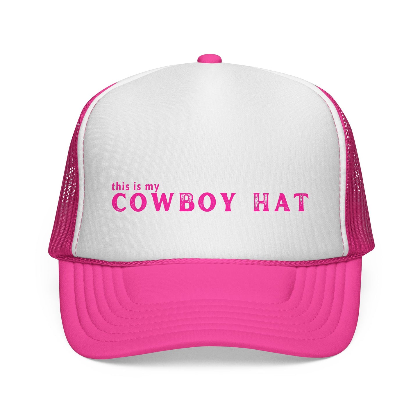 Pink and white trucker hat with 'this is my COWBOY HAT' text on a white background