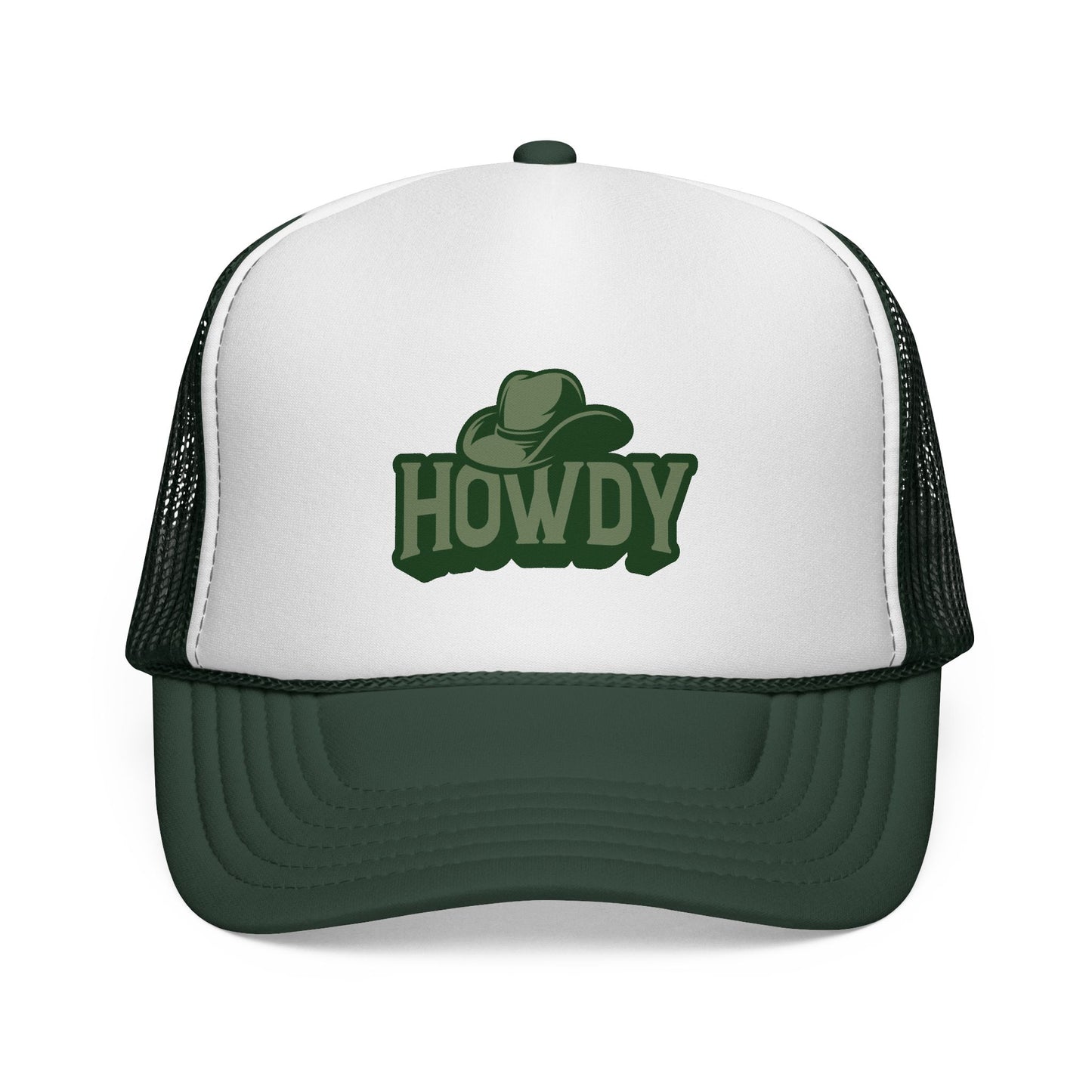 White and green trucker hat with 'HOWDY' and cowboy hat graphic on a white background