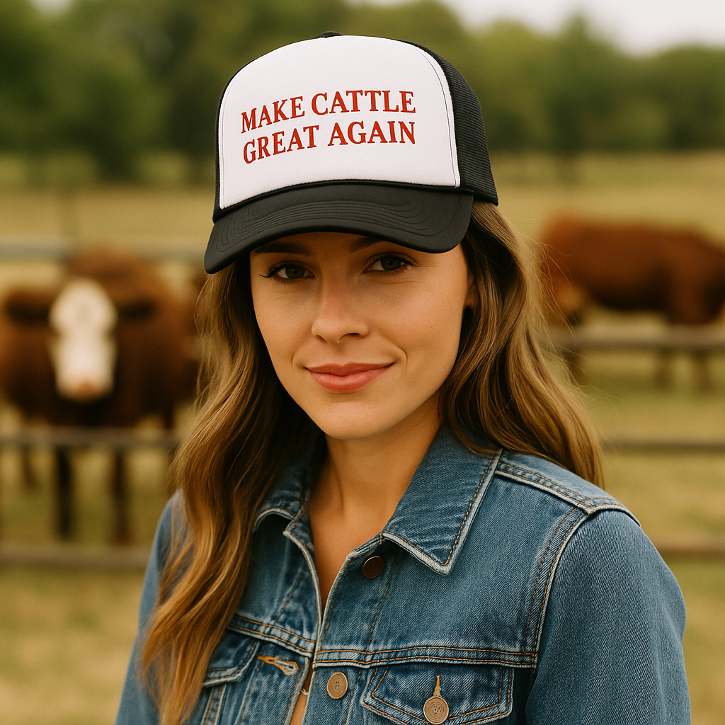 Woman wearing a cap with 'MAKE CATTLE GREAT AGAIN' text in a farm setting