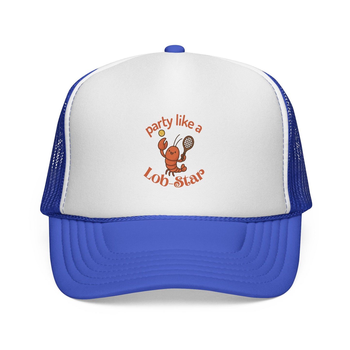 Blue and white cap with a lobster graphic and text on a white background