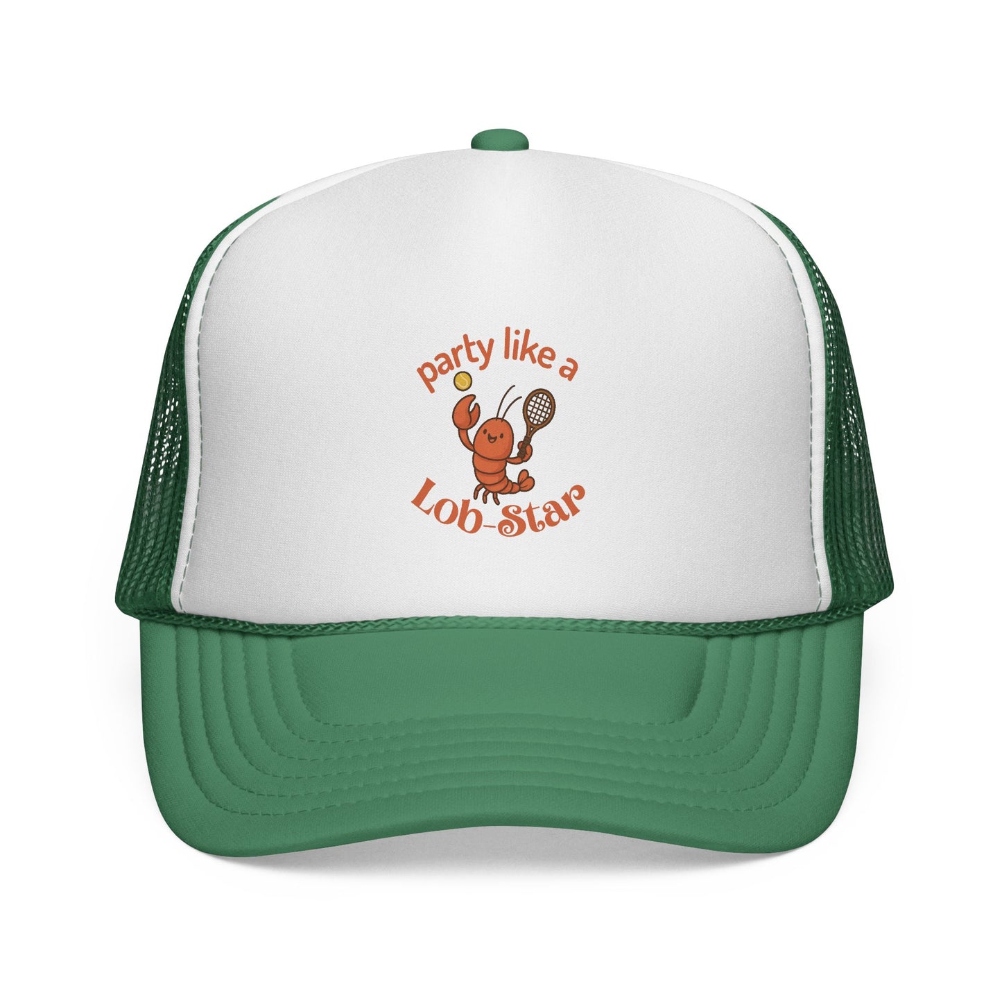 Green and white cap with a lobster graphic and text on a white background
