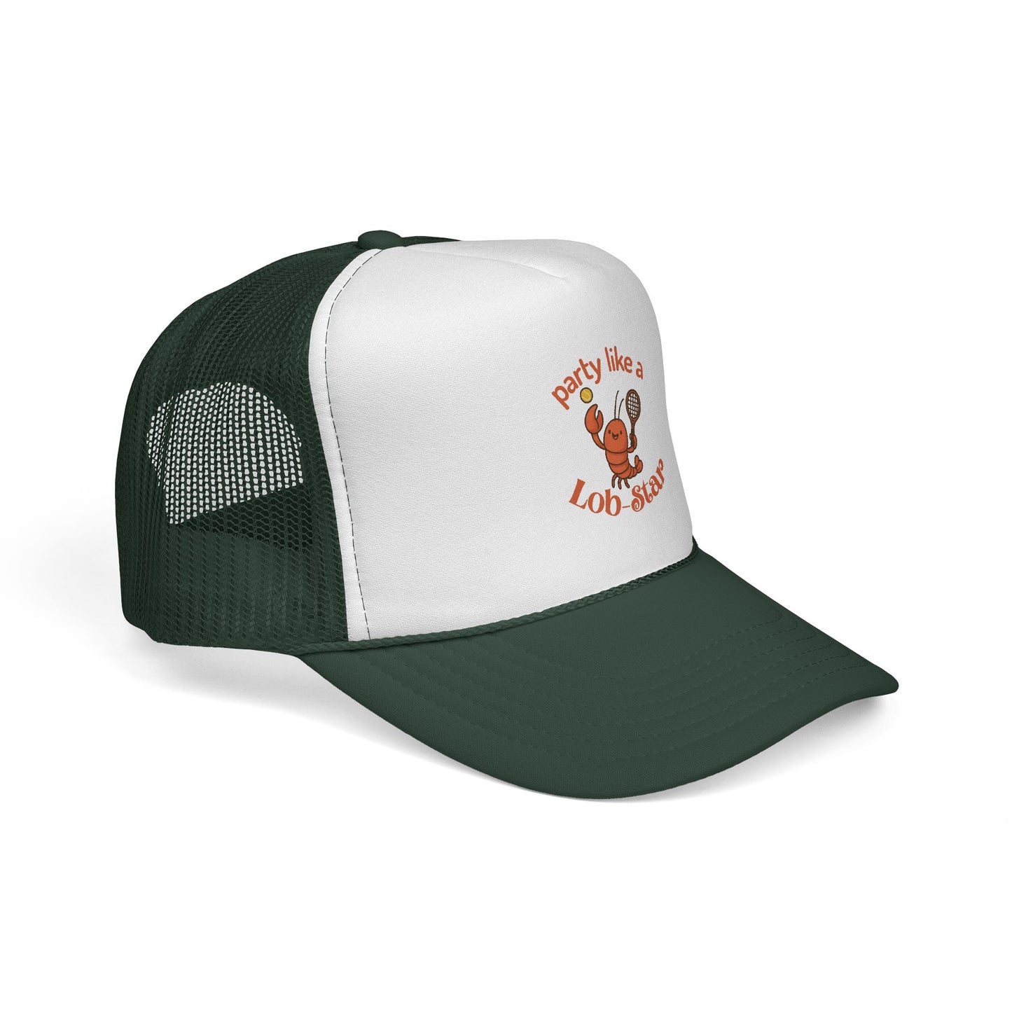 Green and white cap with a lobster graphic and text on a white background