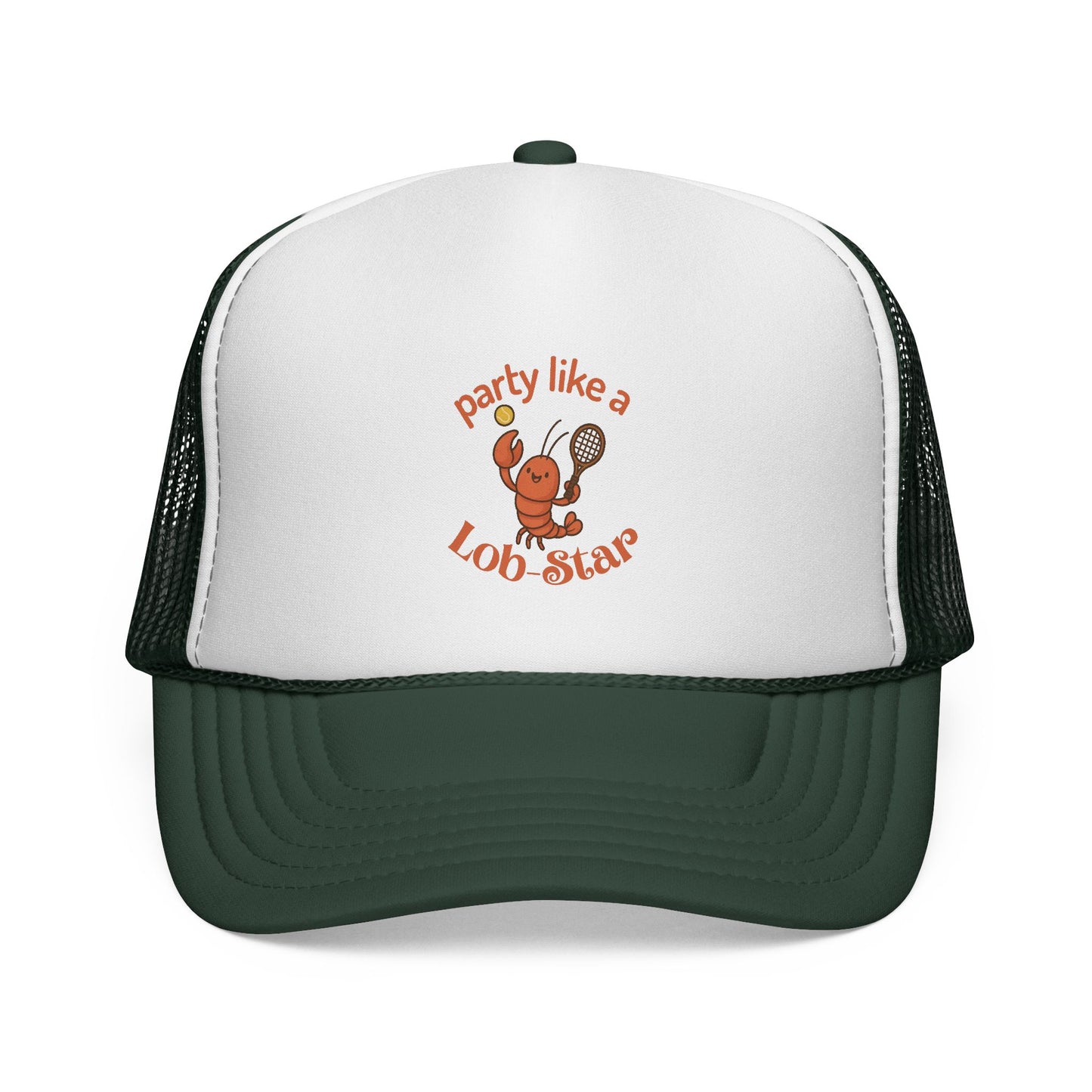 White and green trucker hat with a lobster graphic and text on a white background