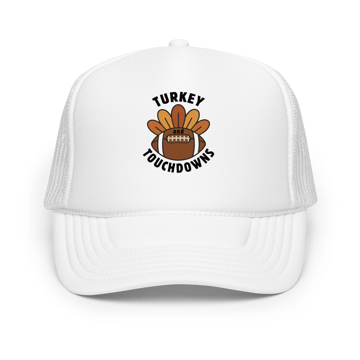 white trucker hat with "turkey and touchdowns" and a football with turkey feathers on the front