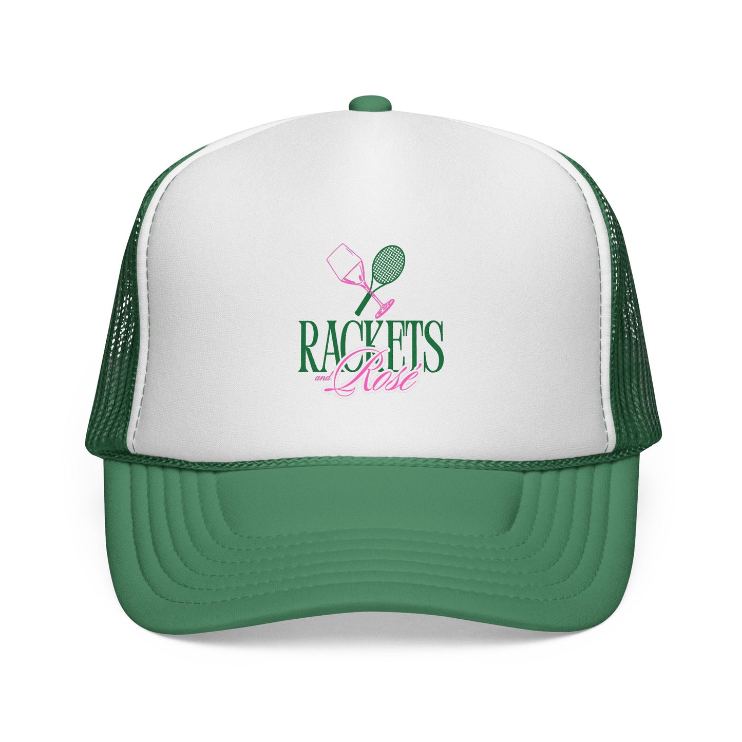 Rackets & Rosé Trucker Hat – Fun Tennis & Rosé Design, Available in Green & Pink, Adjustable Fit