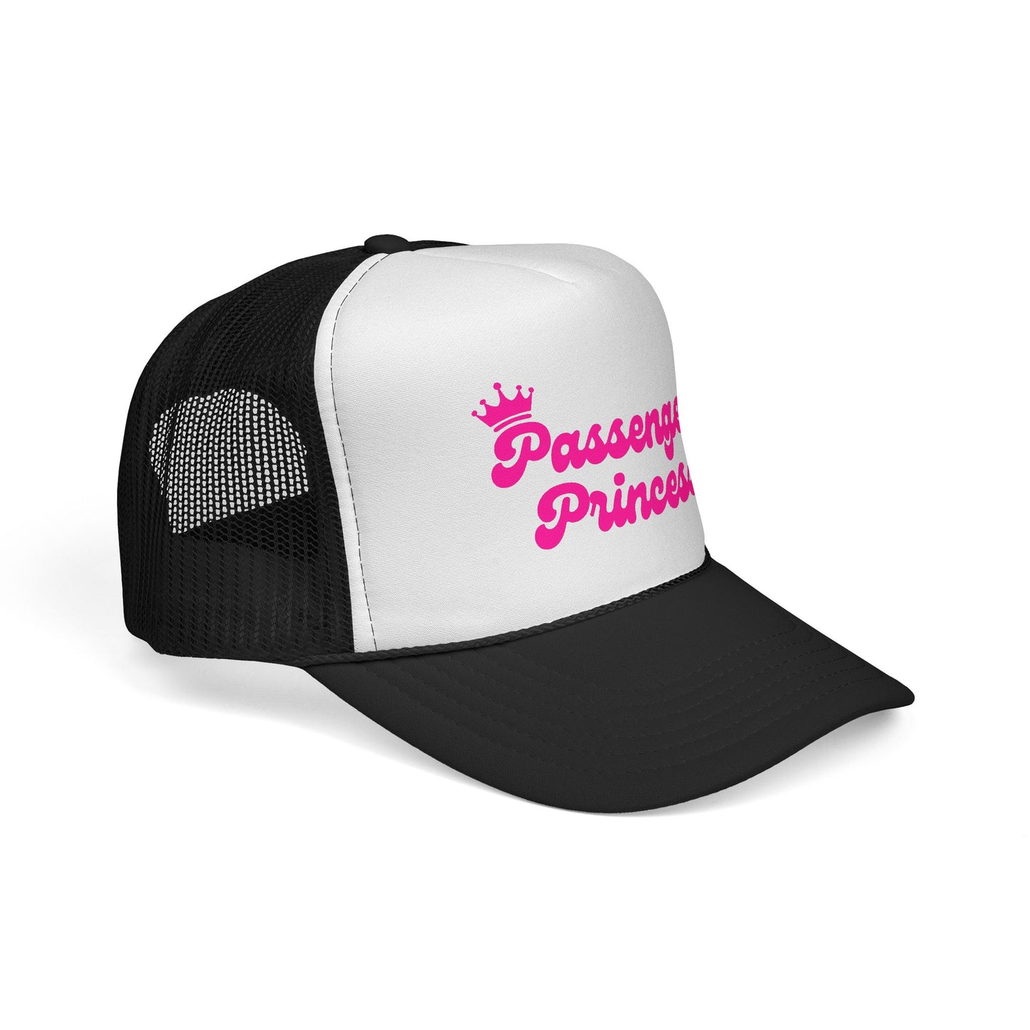 Black and white cap with pink text 'Passenger Princess' on a white background