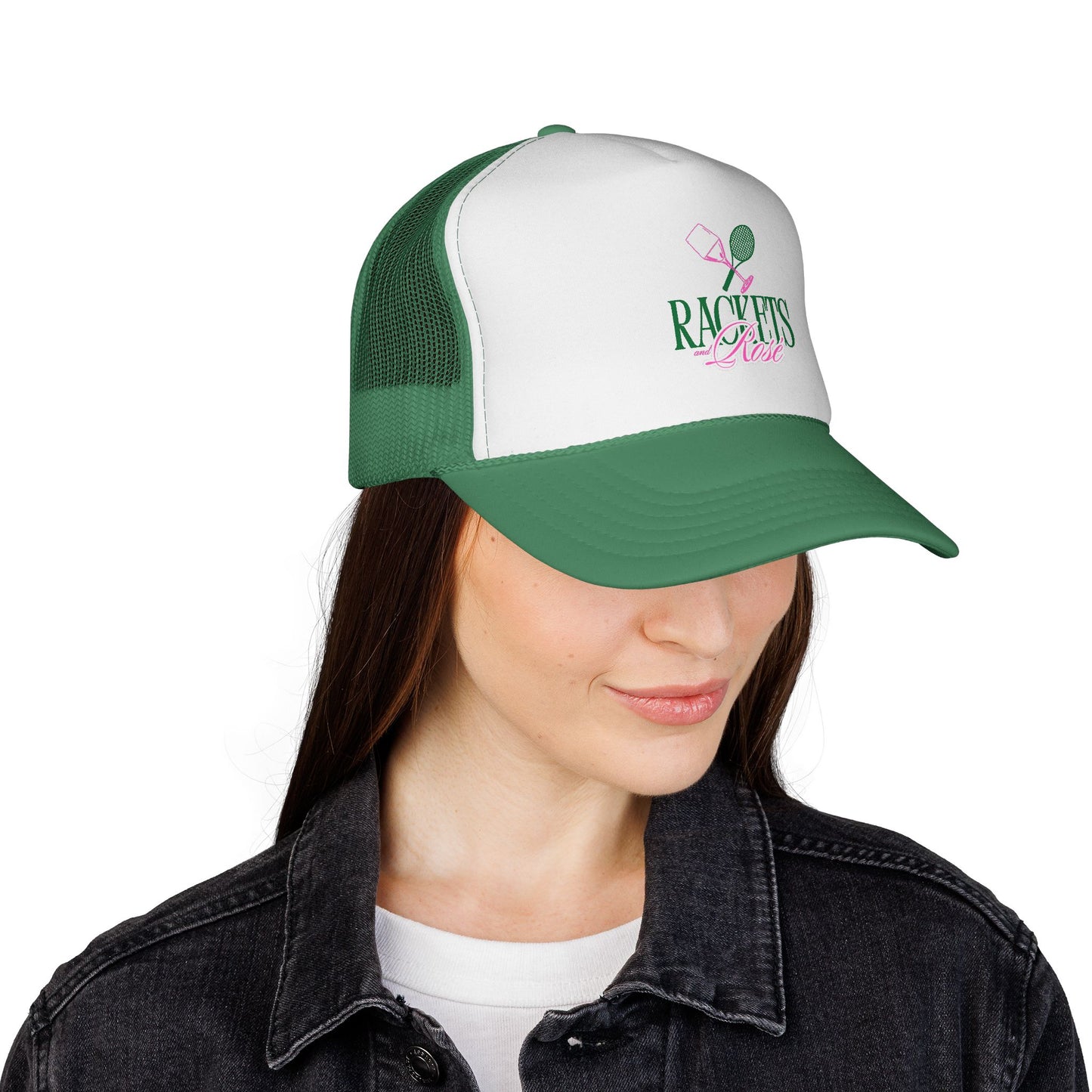 Rackets & Rosé Trucker Hat – Fun Tennis & Rosé Design, Available in Green & Pink, Adjustable Fit
