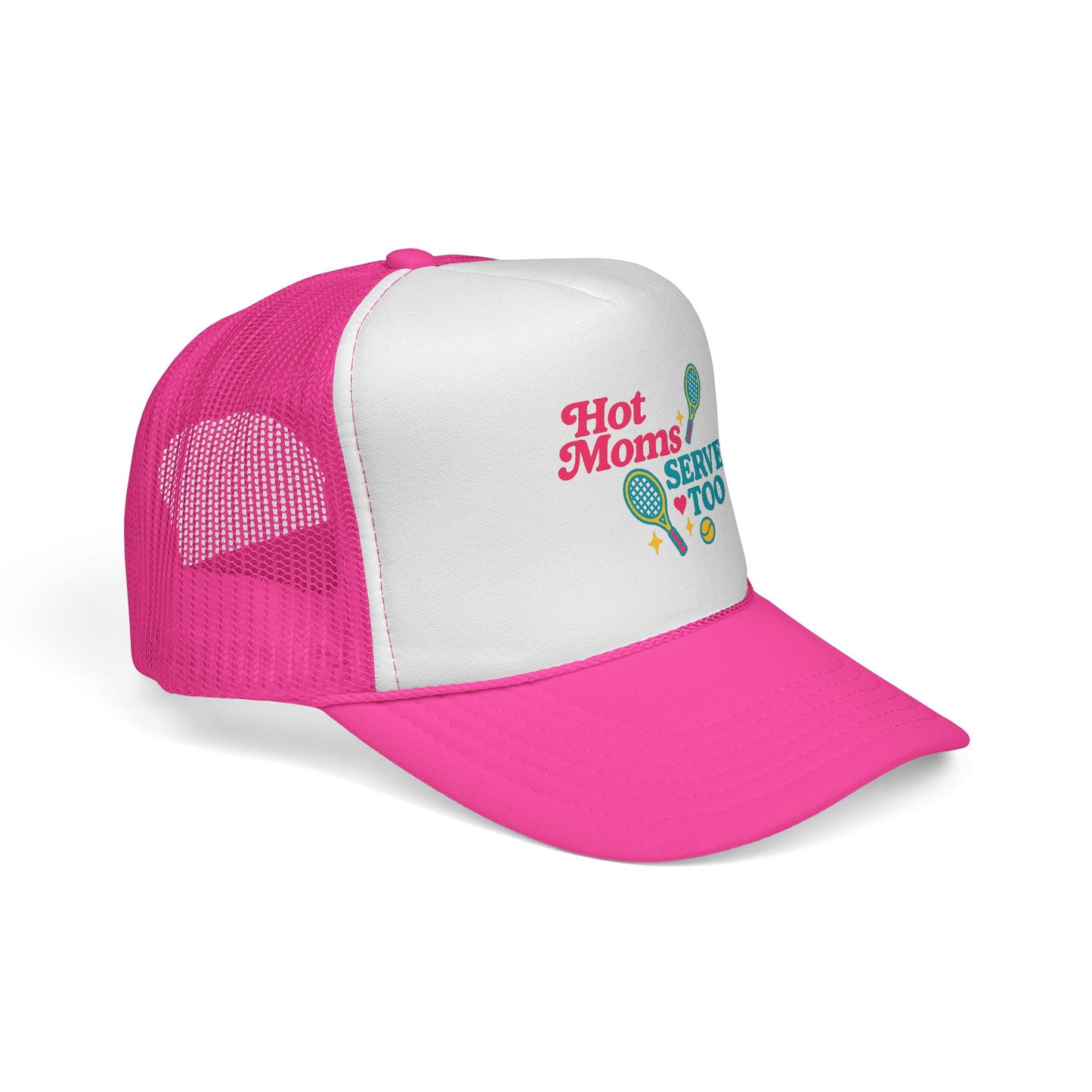 Hot Moms Serve Too Trucker Hat – Tennis Mom Foam Cap | Cute Tennis Hat for Women