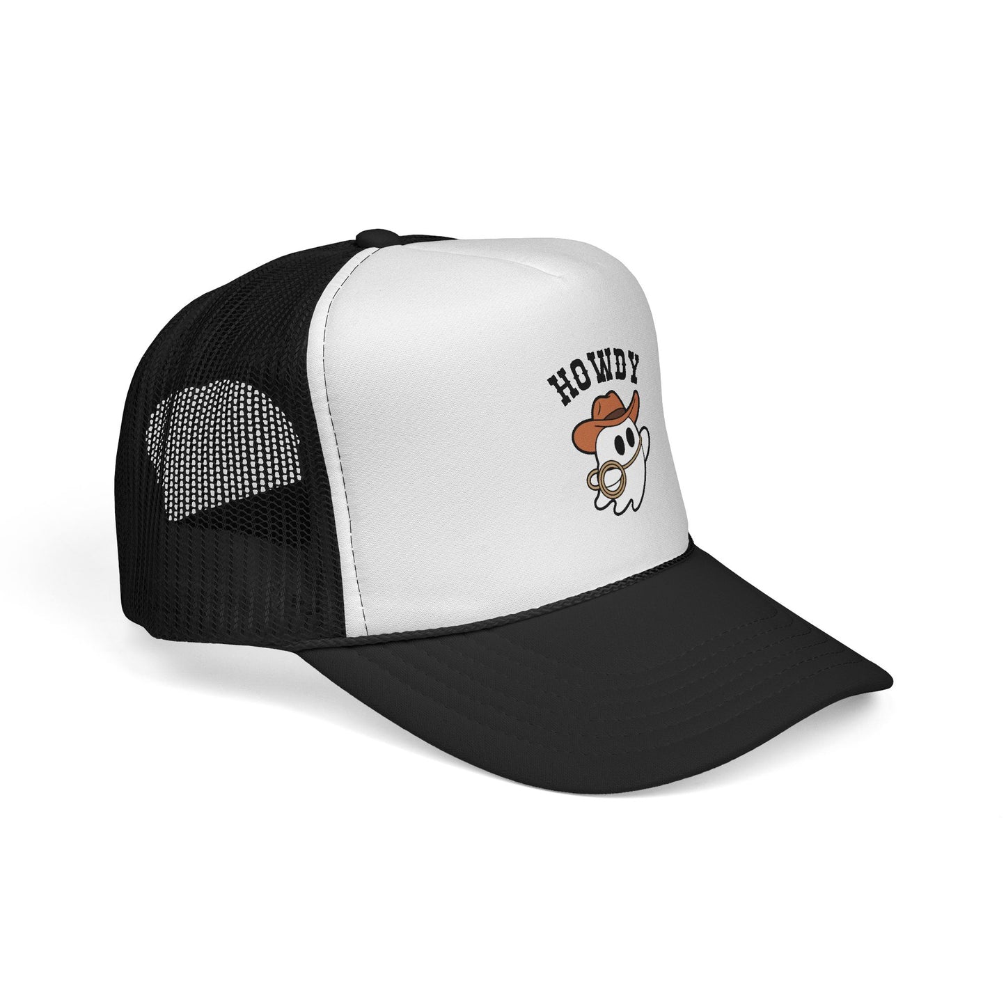 Black and white trucker hat with 'Howdy' and cartoon character on a white background