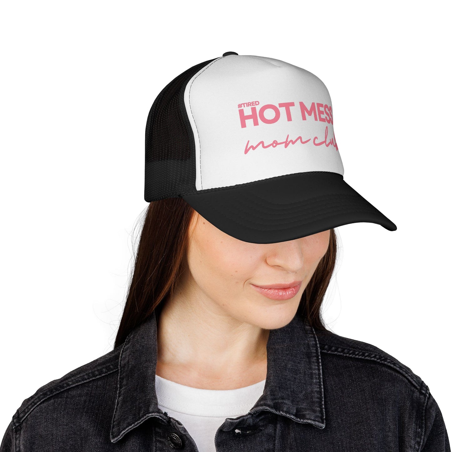 Hot Mess Mom Club Trucker Hat – #Tired Design, Adjustable Fit, Multiple Colors