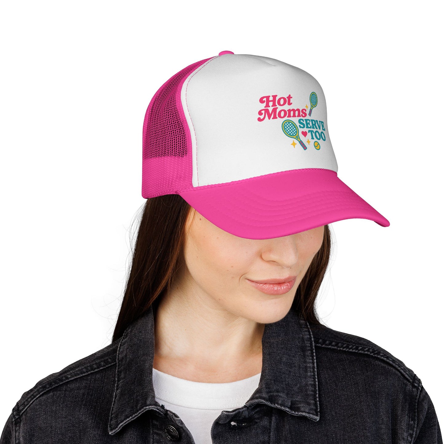 Hot Moms Serve Too Trucker Hat – Tennis Mom Foam Cap | Cute Tennis Hat for Women
