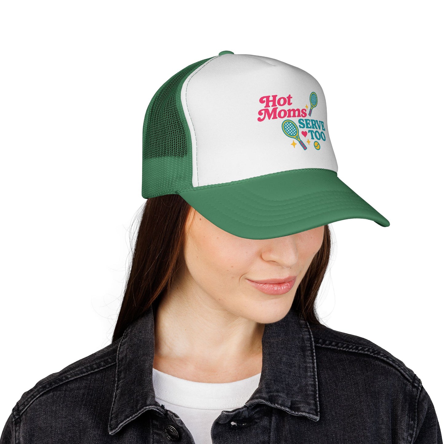 Hot Moms Serve Too Trucker Hat – Tennis Mom Foam Cap | Cute Tennis Hat for Women