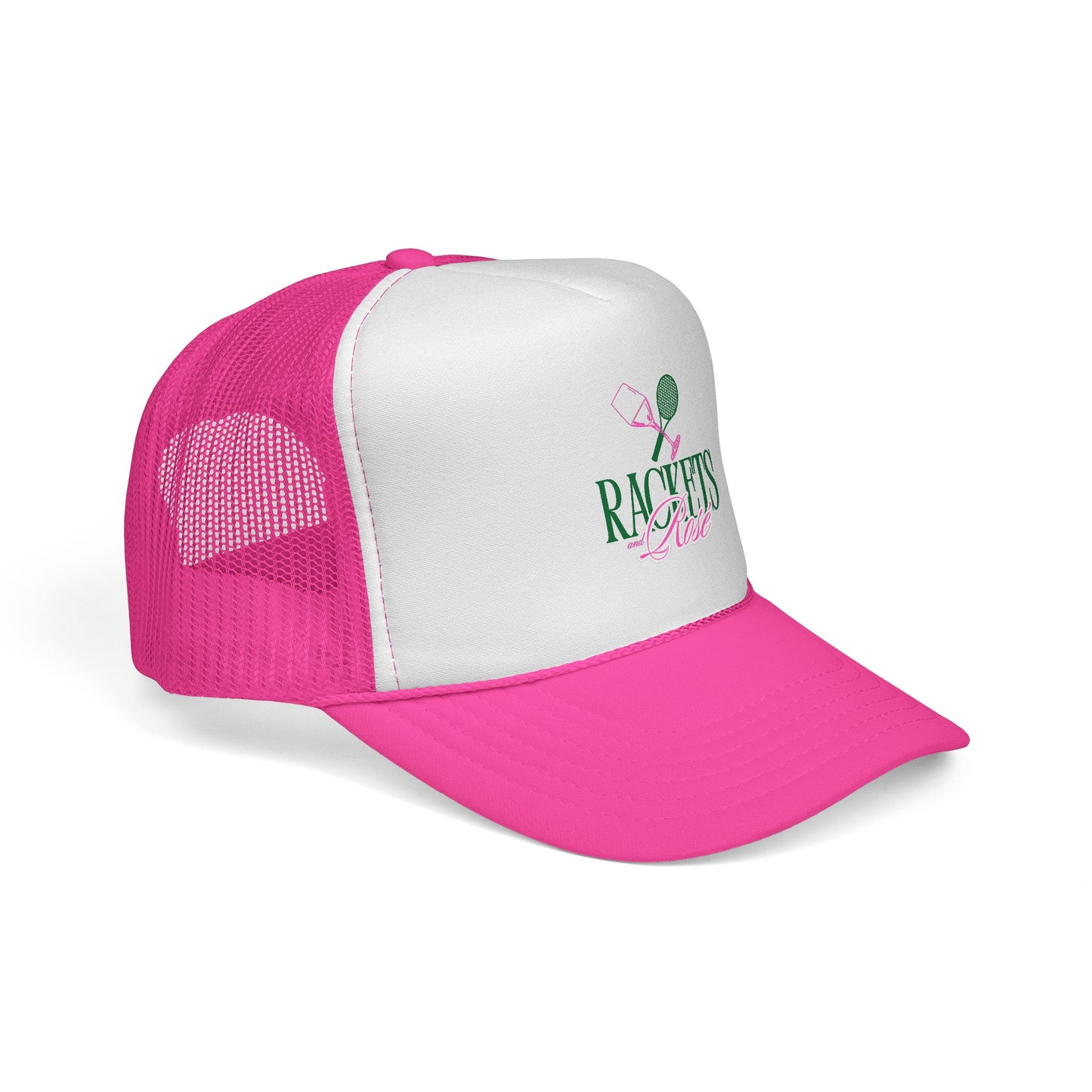 Rackets & Rosé Trucker Hat – Fun Tennis & Rosé Design, Available in Green & Pink, Adjustable Fit
