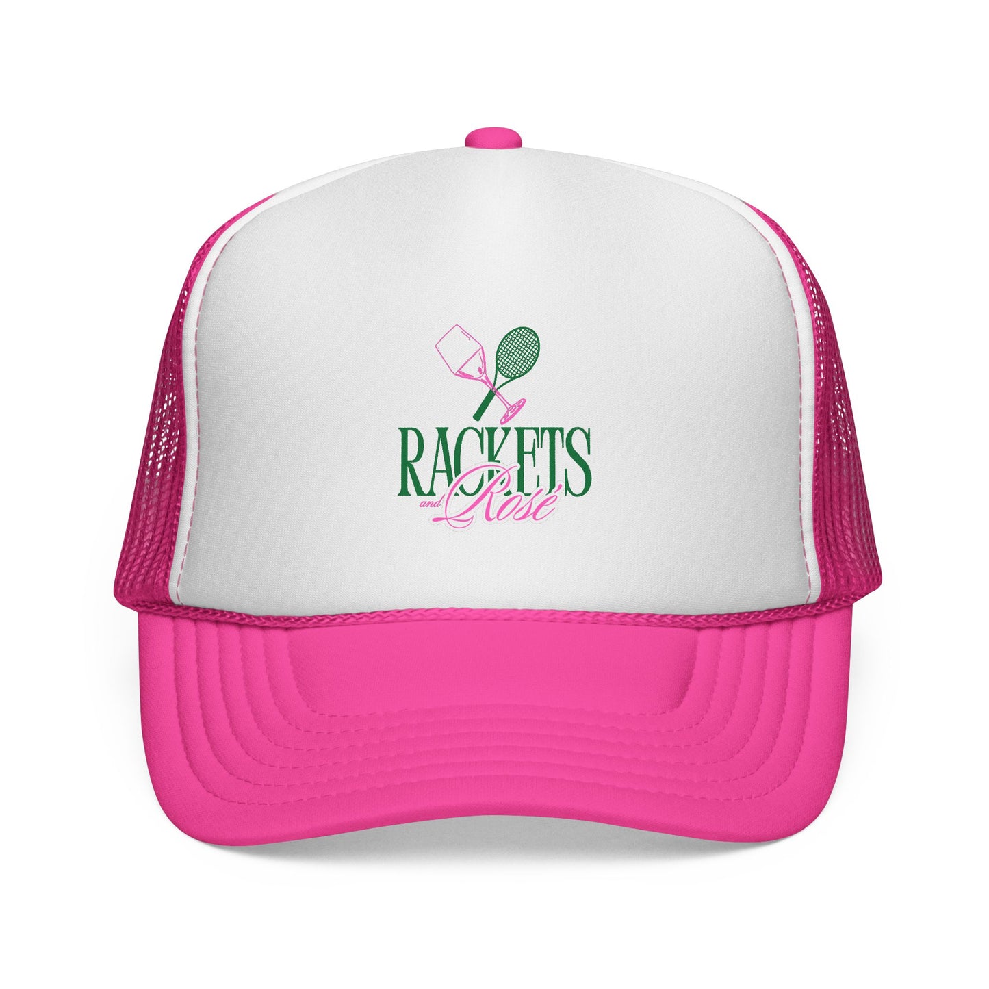 Rackets & Rosé Trucker Hat – Fun Tennis & Rosé Design, Available in Green & Pink, Adjustable Fit