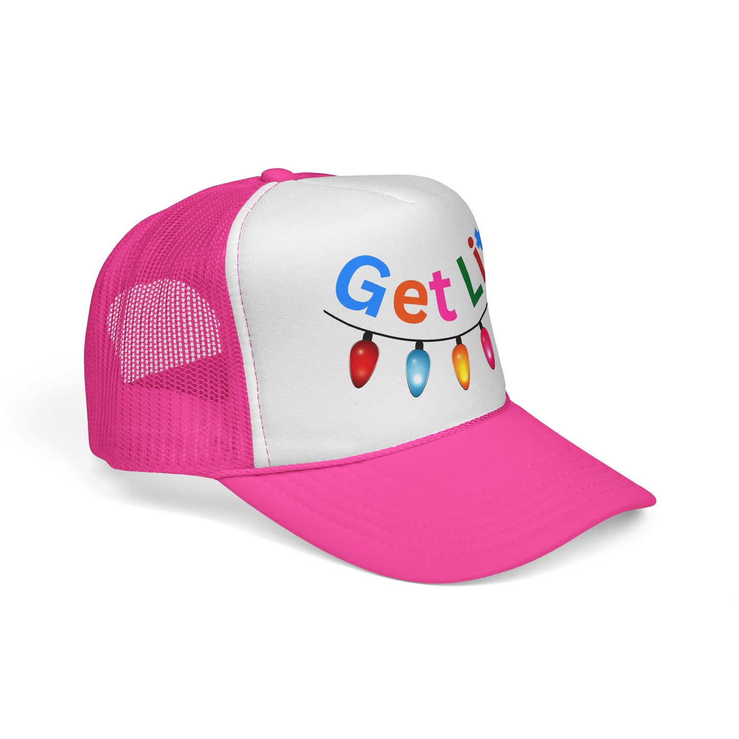 Pink and white cap with colorful text and light bulb design on a white background
