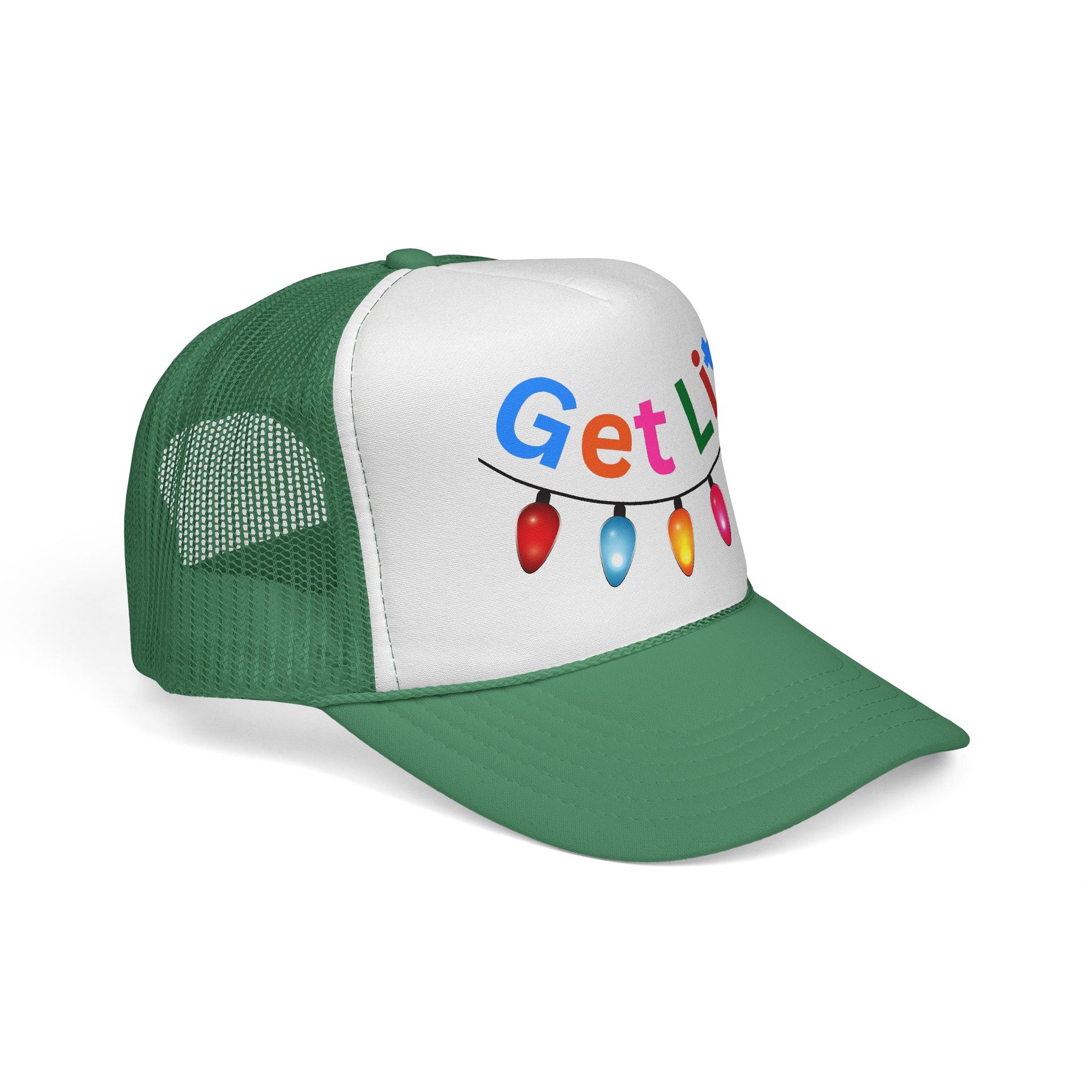 Green and white cap with colorful text and light bulb design on a white background