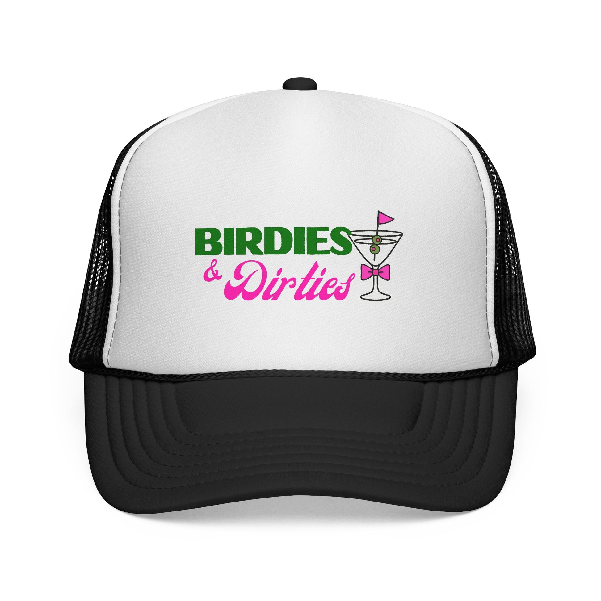 White and black cap with 'Birdies & Dirties' text and cocktail graphic on a white background