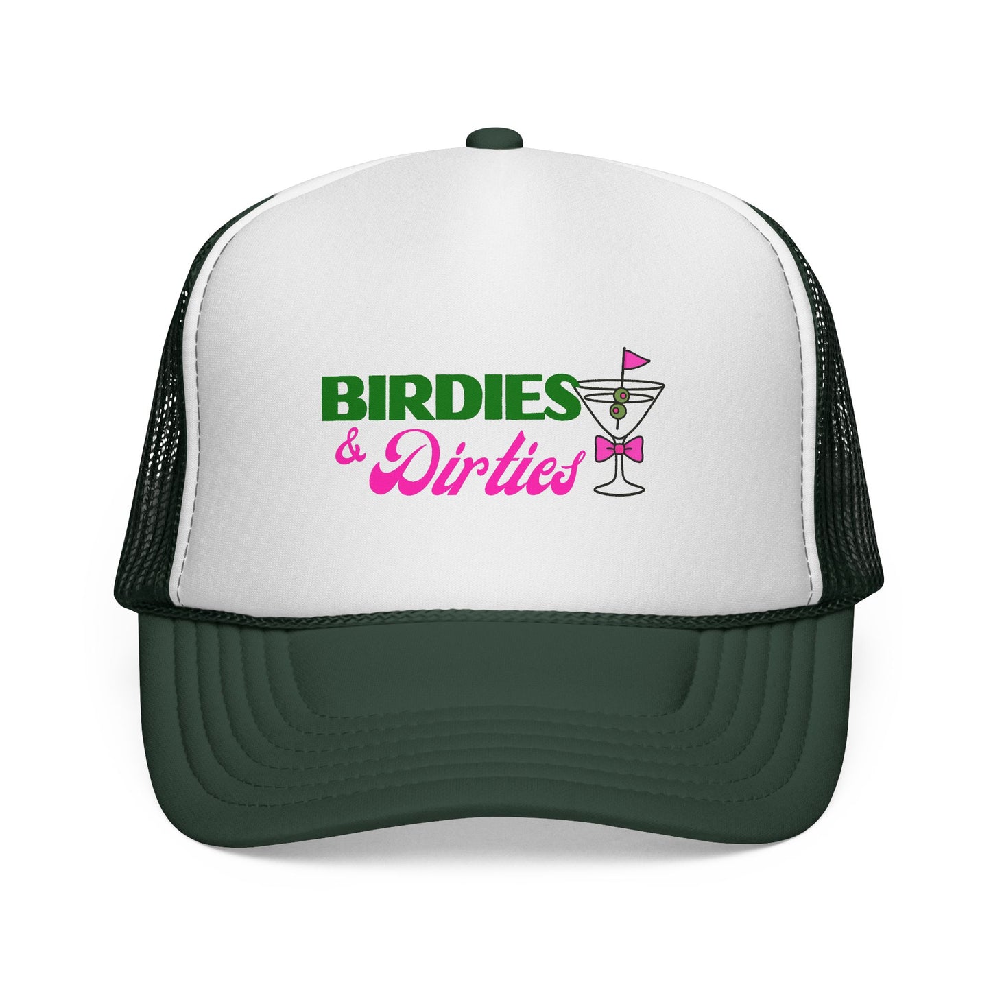 White and green cap with 'Birdies & Dirties' text and cocktail graphic on a white background