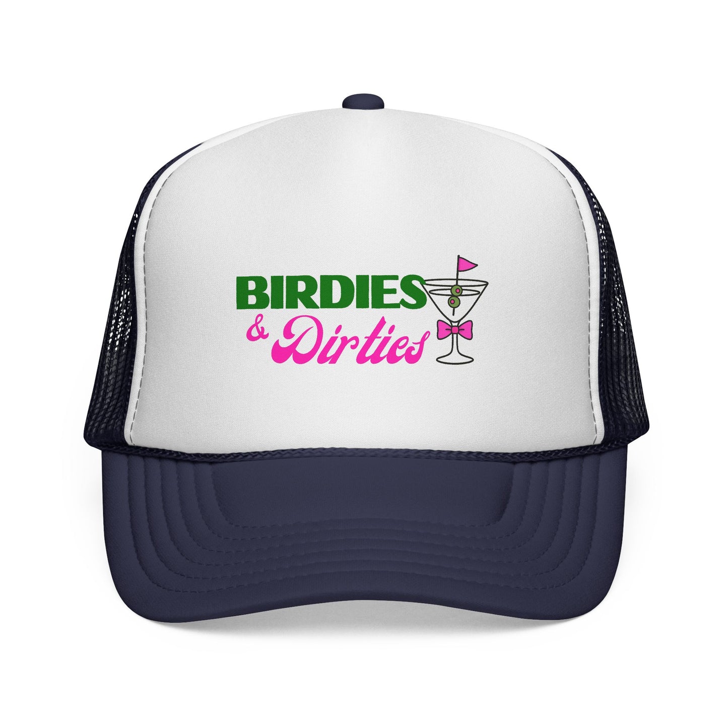 Trucker hat with 'Birdies & Dirties' text and cocktail graphic on a white background