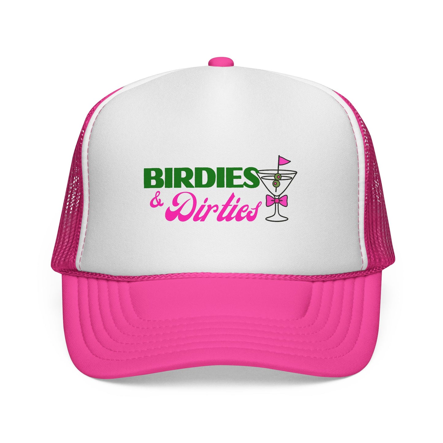 White and pink cap with 'Birdies & Dirties' text and cocktail graphic on a white background
