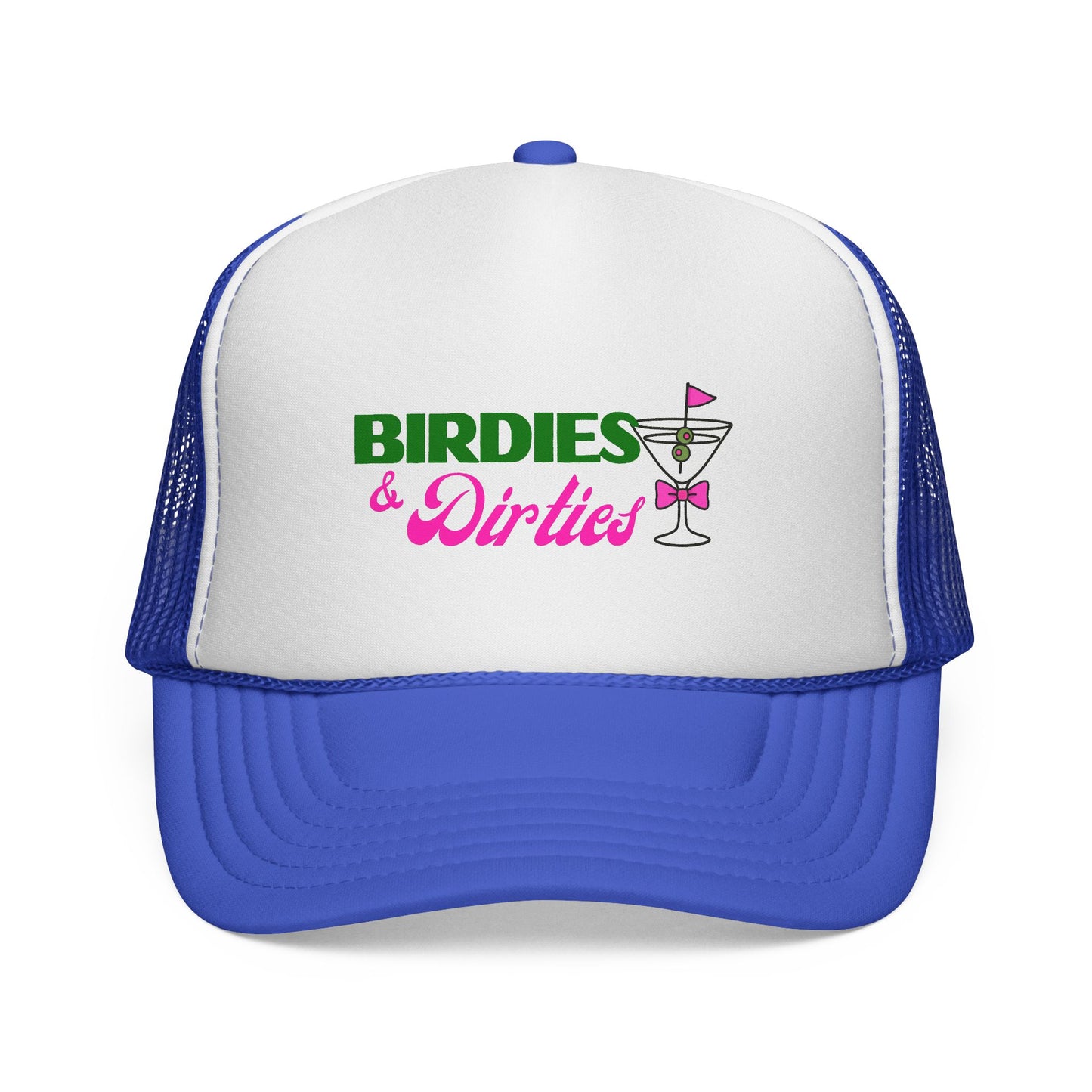 Blue and white cap with 'Birdies & Dirties' text and cocktail graphic on a white background