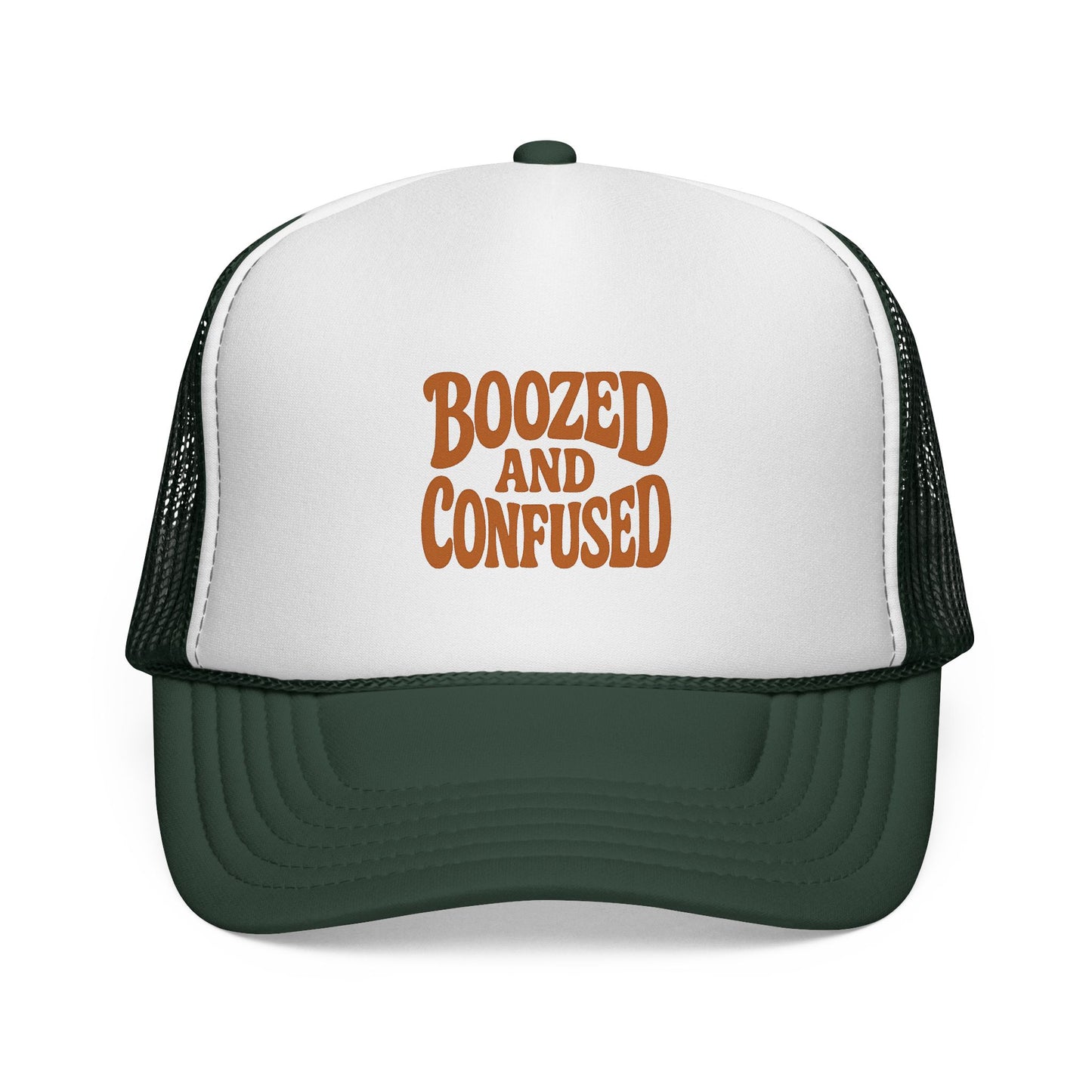 Trucker hat with 'Boozed and Confused' text on a white background