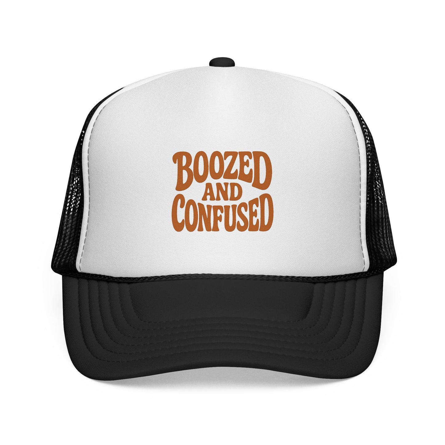 White and black trucker hat with 'Boozed and Confused' text in brown on a white background