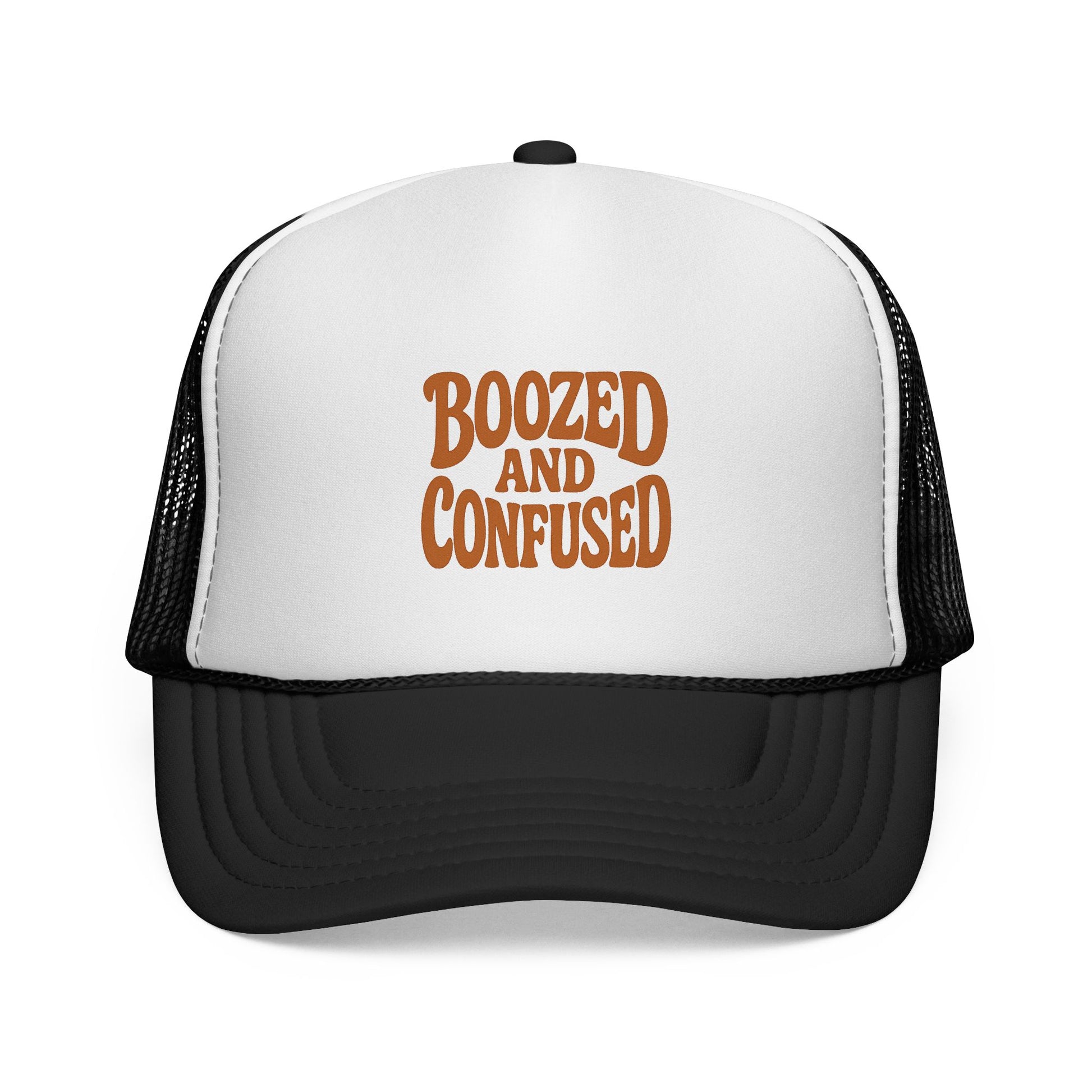 White and black trucker hat with 'Boozed and Confused' text in brown on a white background