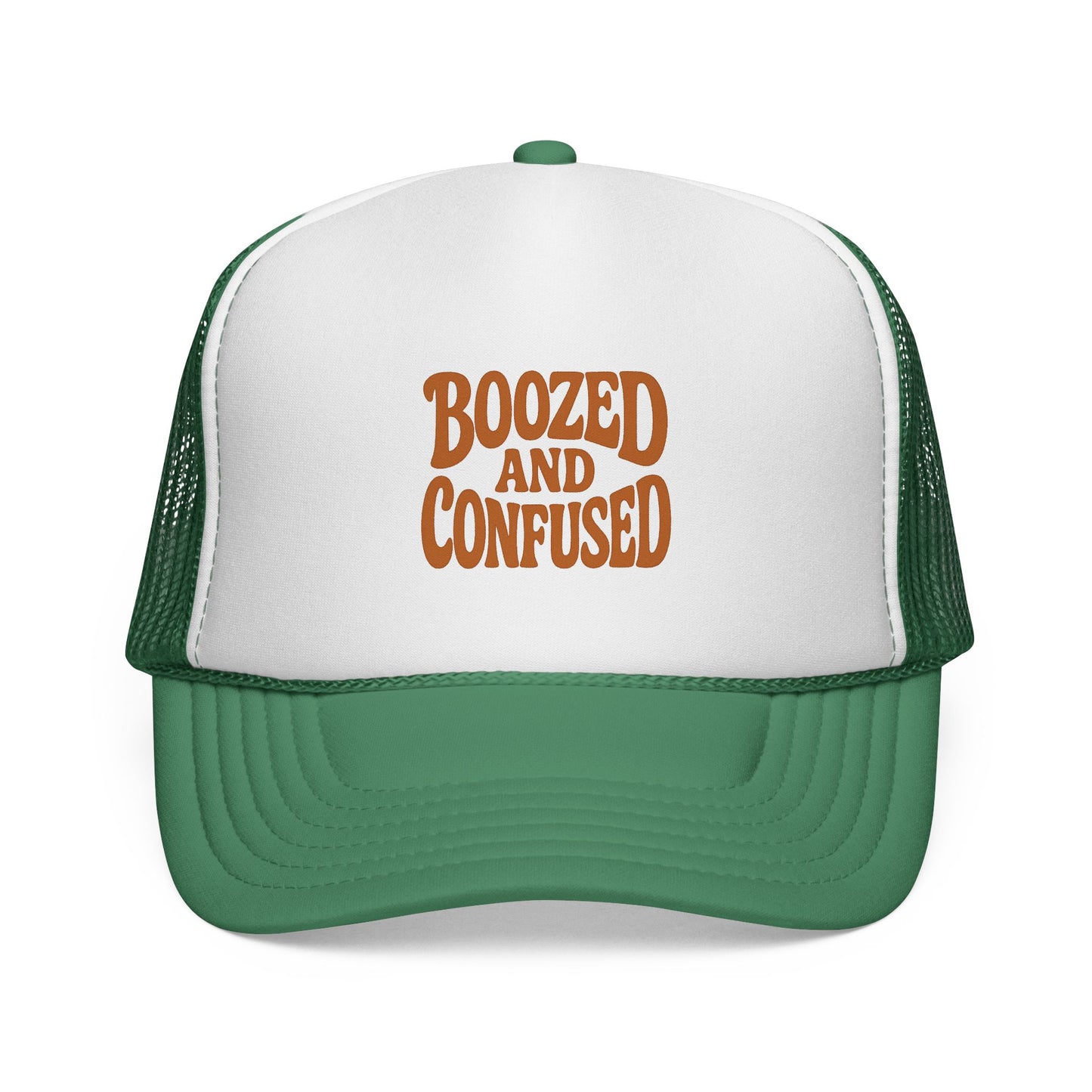 Green and white cap with 'Boozed and Confused' text on a white background