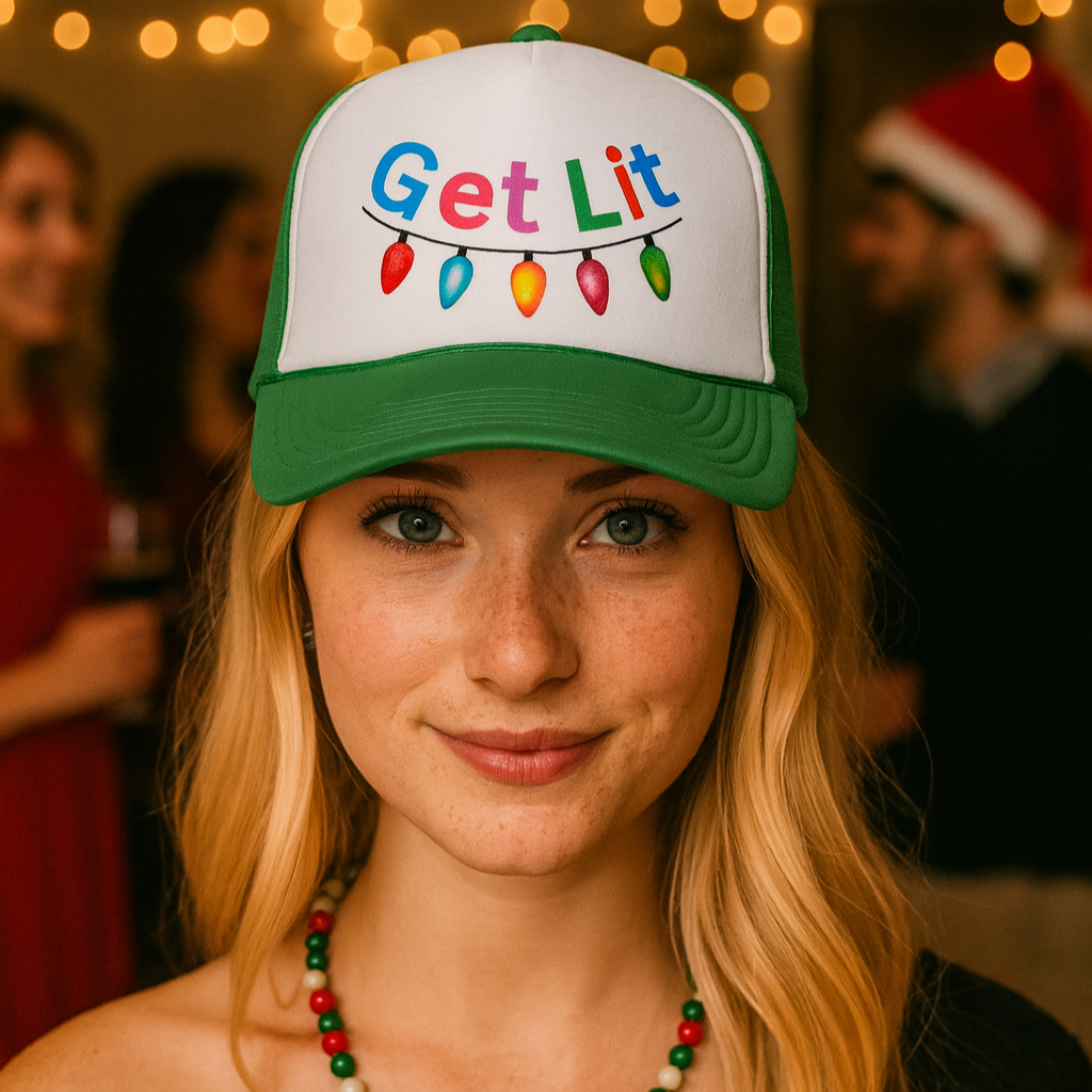 Person wearing a cap with 'Get Lit' text and Christmas lights design, surrounded by festive decorations.