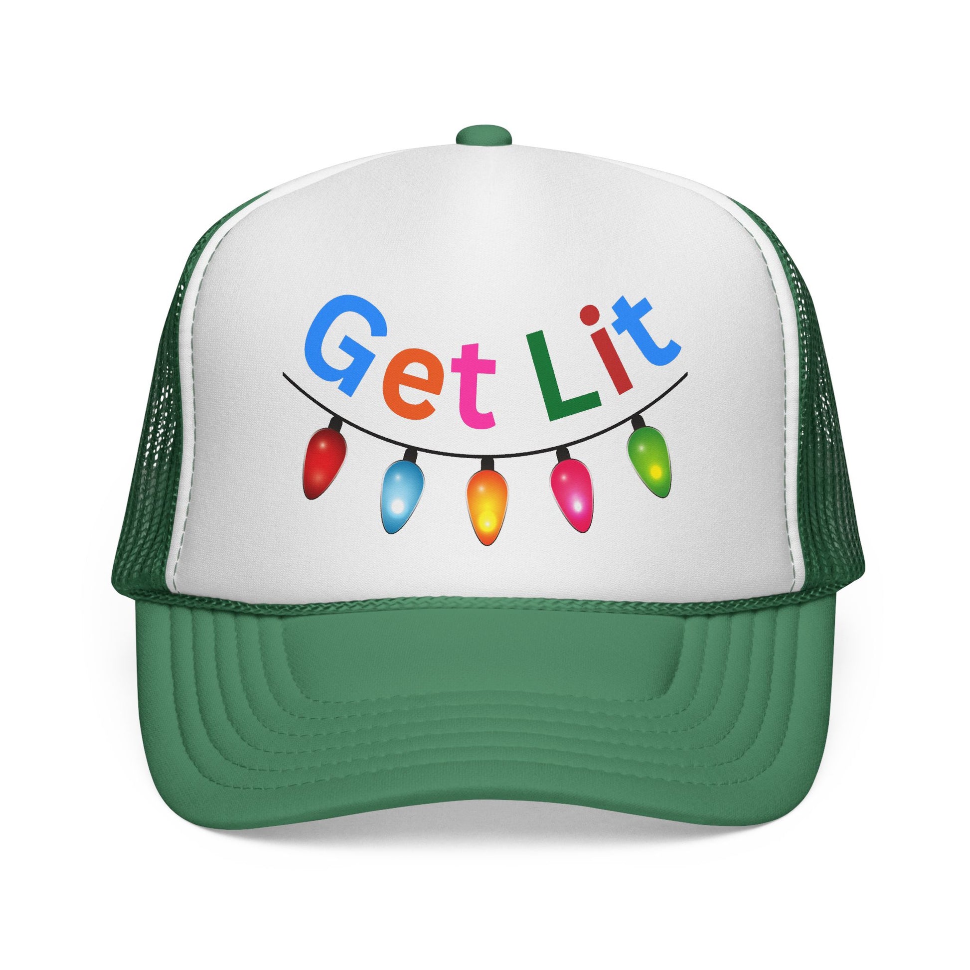 Trucker hat with 'Get Lit' text and colorful light bulb graphics on a white background