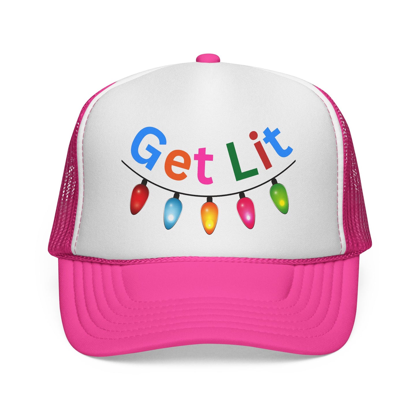 Trucker hat with 'Get Lit' text and colorful light bulb graphics on a white background