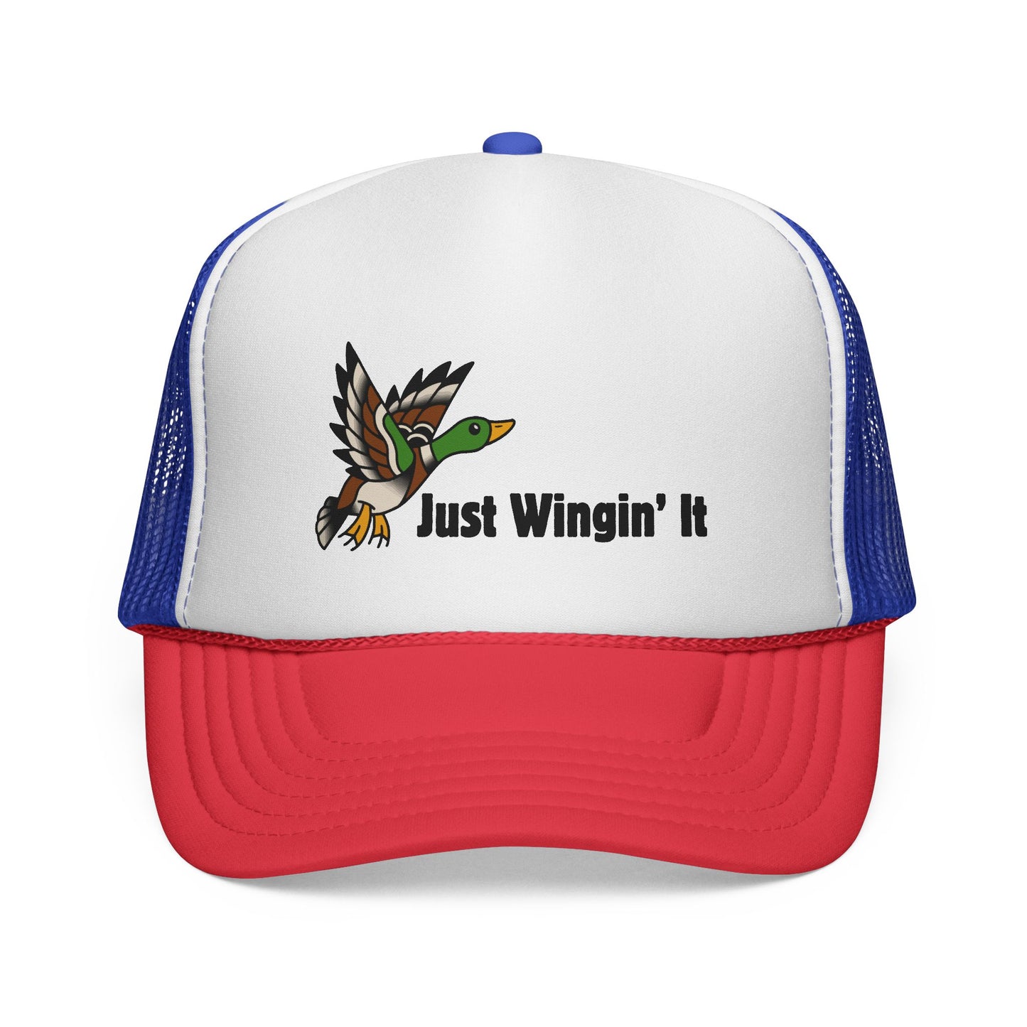Trucker hat with a duck graphic and 'Just Wingin' It' text on a white background