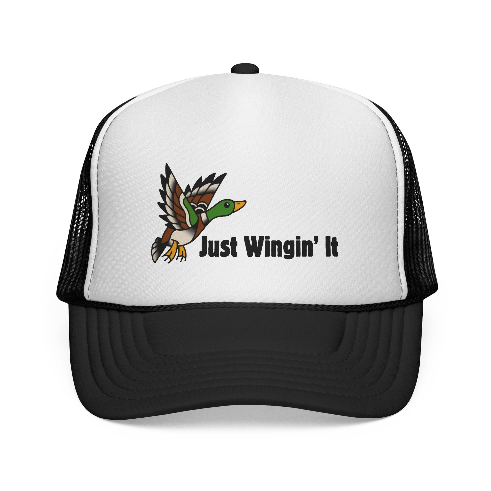 Trucker hat with a duck graphic and 'Just Wingin' It' text on a white background