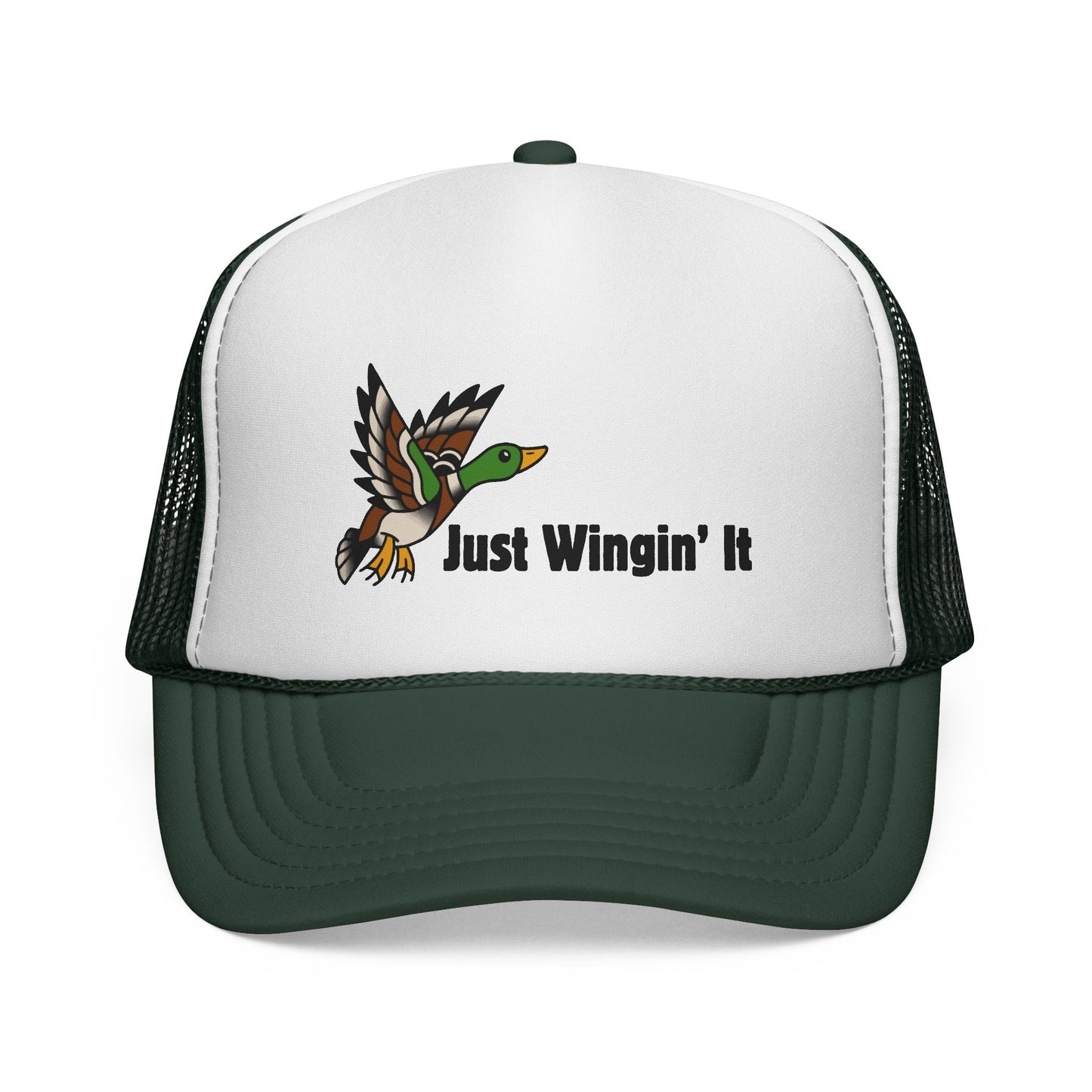 Trucker hat with a duck graphic and 'Just Wingin' It' text on a white background