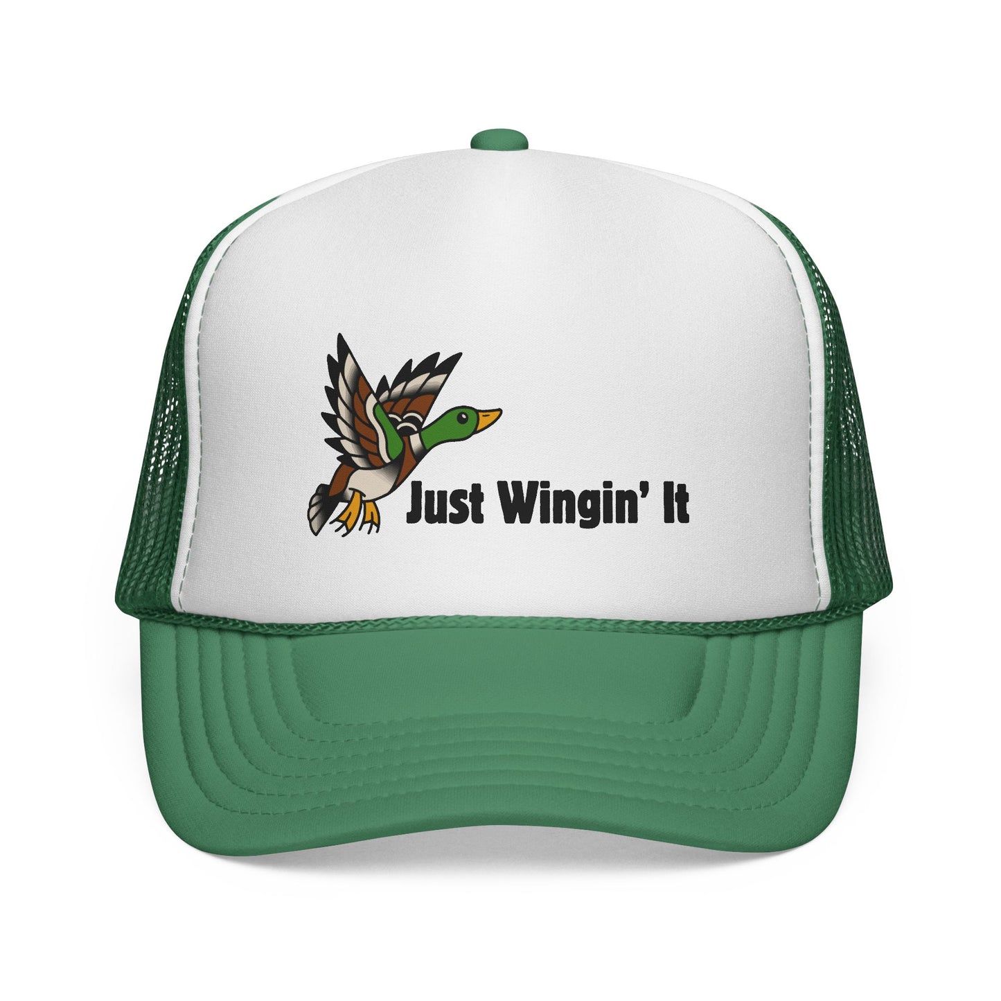 Green and white cap with a duck graphic and text 'Just Wingin' It' on a white background