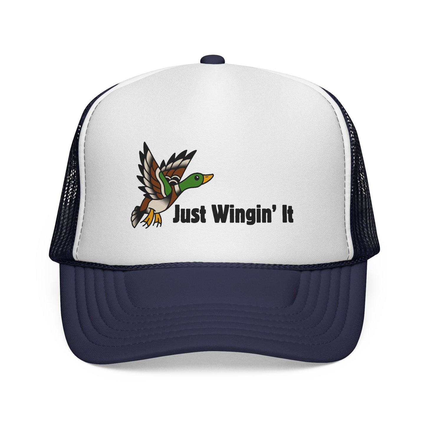 Trucker hat with a duck graphic and 'Just Wingin' It' text on a white background