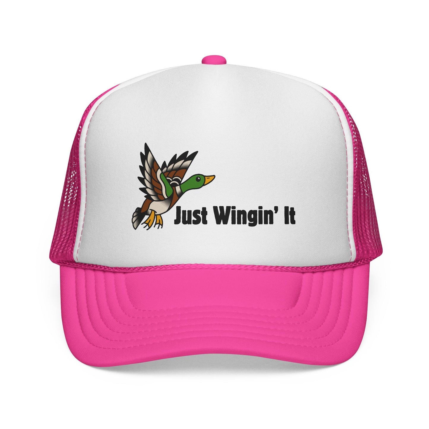 Trucker hat with a duck graphic and 'Just Wingin' It' text on a white background