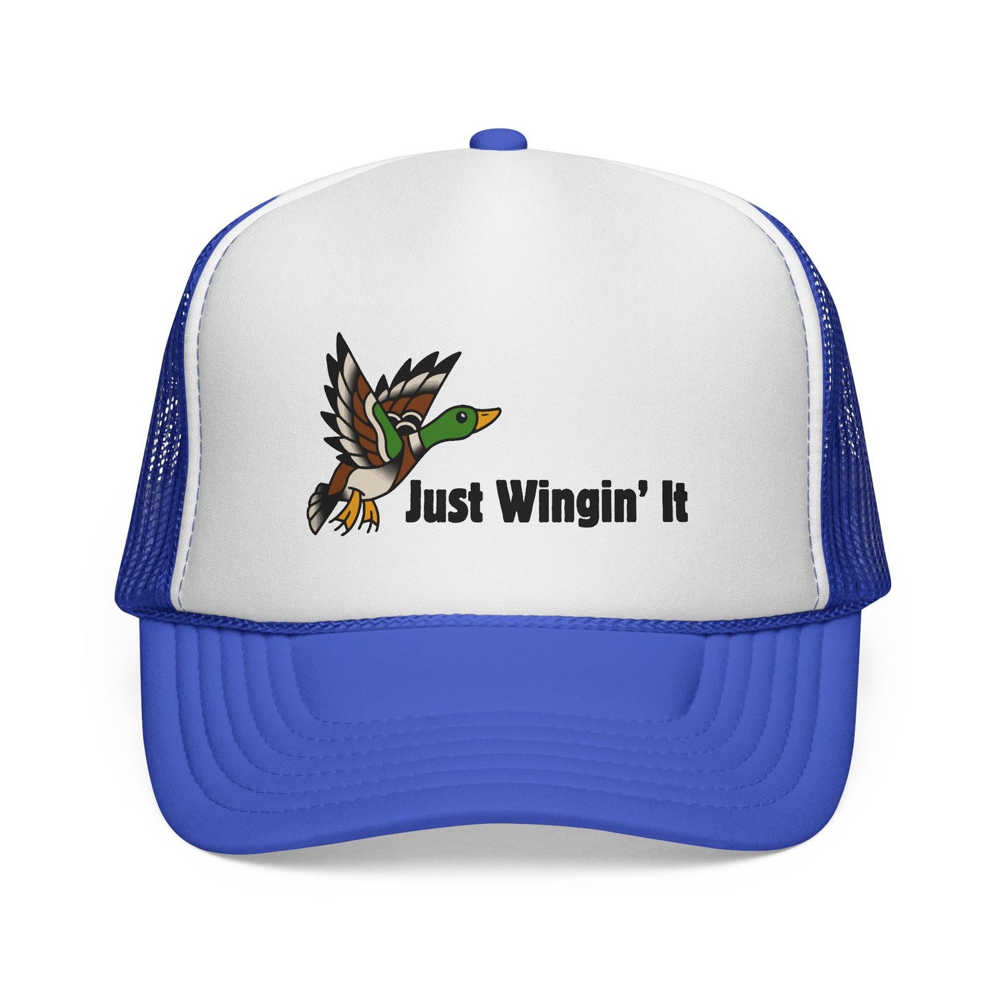 Blue and white cap with a duck graphic and text 'Just Wingin' It' on a white background