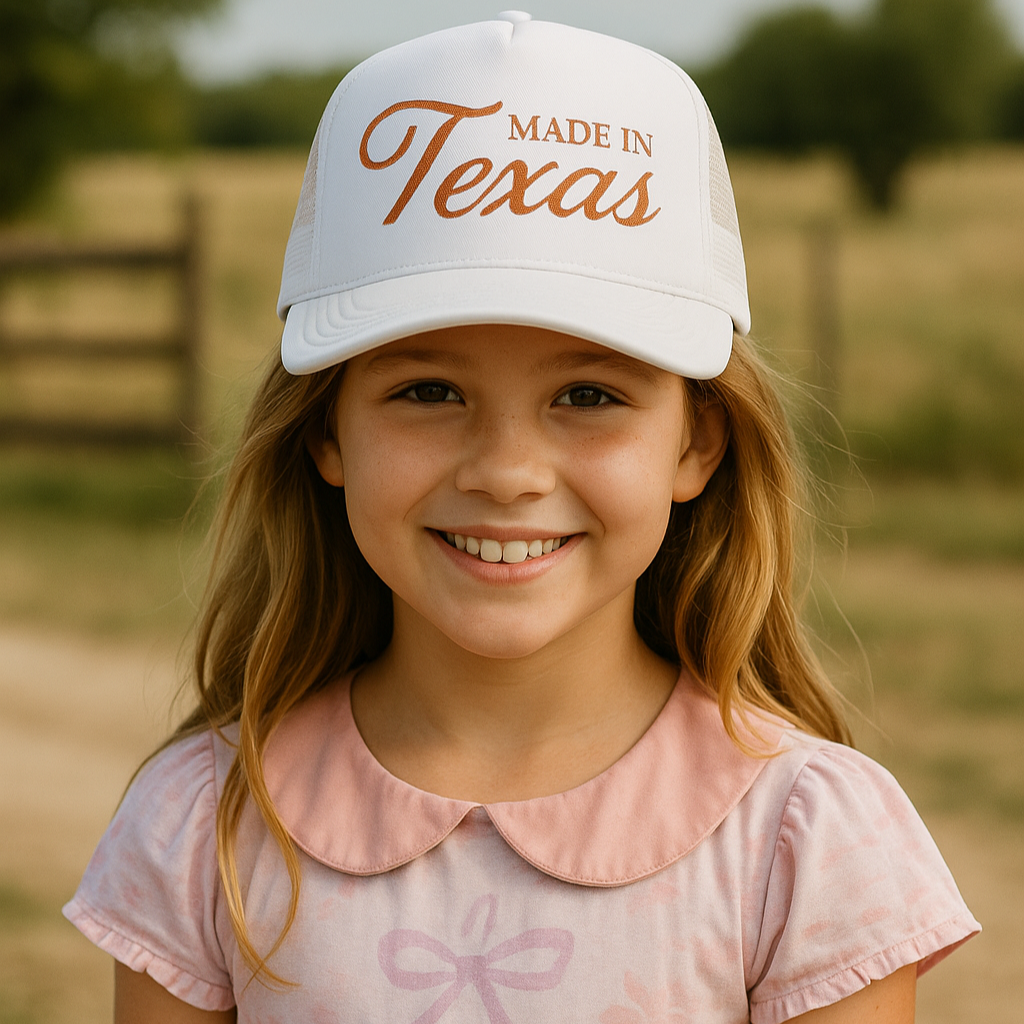 Young girl wearing a 'Made in Texas' cap in an outdoor setting