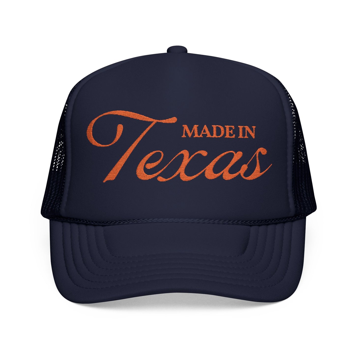 Navy blue trucker hat with 'MADE IN Texas' in orange on a white background