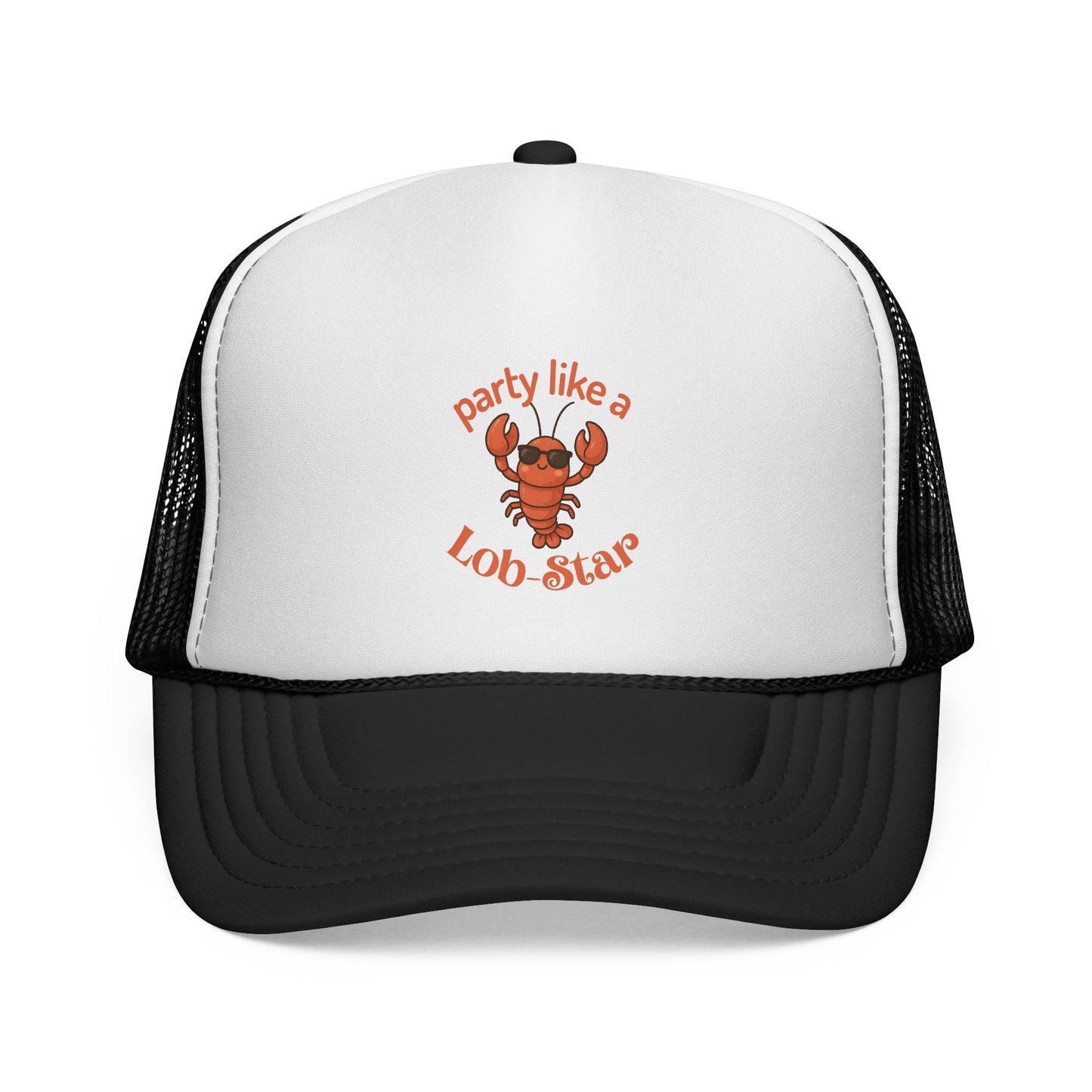 White and black trucker hat with a red lobster graphic and text on a white background