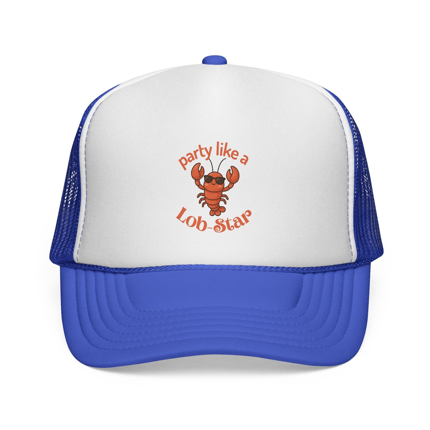 Blue and white cap with a lobster graphic and text on a white background
