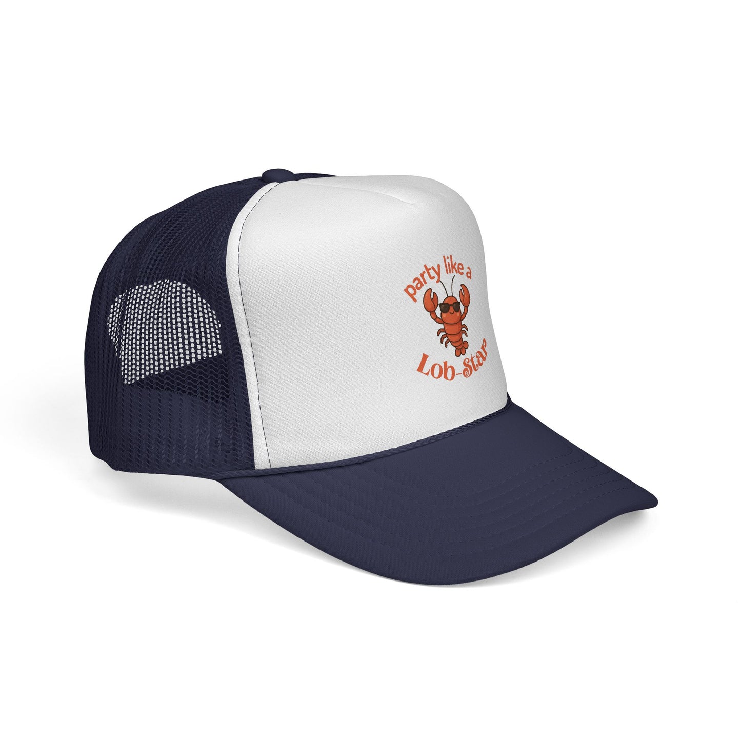 Navy and white cap with lobster graphic and text on a white background