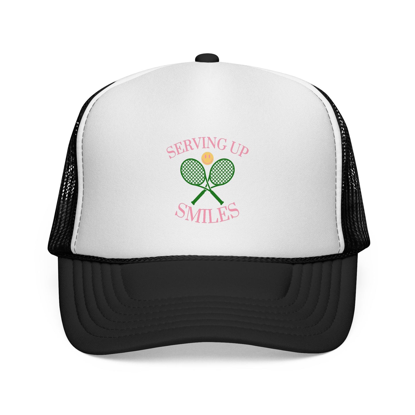 White and black trucker hat with tennis-themed design on a white background