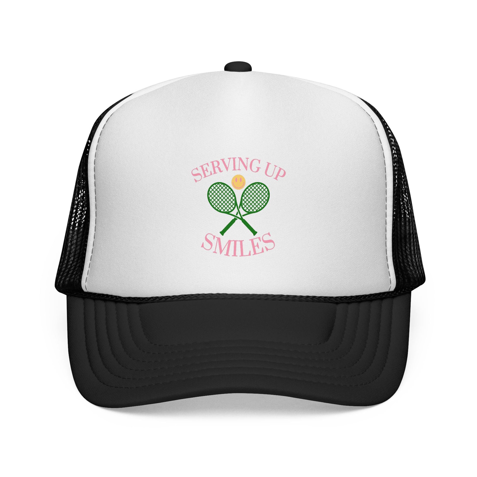 White and black trucker hat with tennis-themed design on a white background