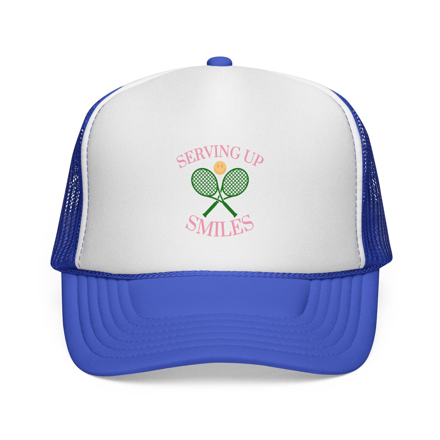 Blue and white cap with tennis-themed design on a white background
